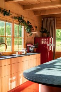 - une cuisine avec un réfrigérateur rouge et quelques fenêtres dans l'établissement DOM Krzeptówki 133, à Zakopane