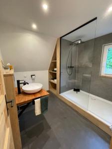a bathroom with a sink and a shower at Wildkräuter Hexenhaus in Mauth