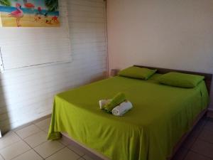 a bedroom with a green bed with a stuffed animal on it at logement aux saveurs des mangues juli in Baillif