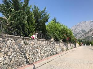 a stone wall with plants on a street at Luxury Villa for rent in Kemer, Göynük Antalya in Antalya