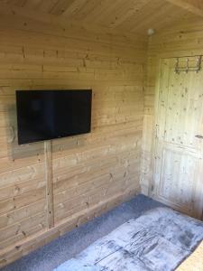 a room with a television on a wall at Nancy's Cabin in Mosborough