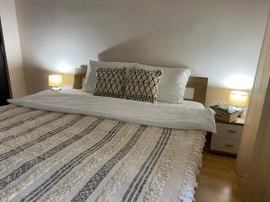 a bedroom with a large bed with two lamps at SELLADA APARTAMENT - Free Private Parking,AC,Wi-Fi in Carei