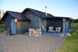 a blue shed with a table and chairs in it at Woodhouse Cottages And Ranch in Prince George