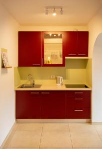 una cucina con armadi rossi e lavandino di Villa Gottfried Appartment a Ega