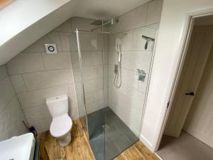 Un baño con inodoro y ducha de cristal. en Hygge Homes - Modern 1 bed house, en Lincoln 17 fotos más