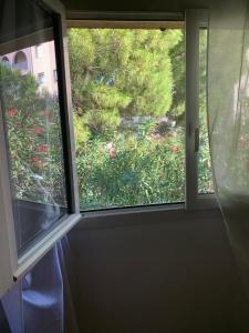 - une fenêtre dans une chambre avec vue sur le jardin dans l'établissement Villa Croix d Argent 15mn des plages, à Montpellier