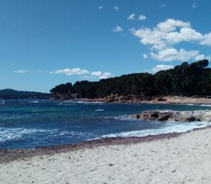 a sandy beach with the ocean and trees in the background at Appartement 35 m2 , climatisé, à 400m des plages in Saint-Mandrier-sur-Mer