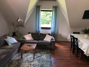 - un salon avec un canapé et une table dans l'établissement Apartament Olszynka, à Gdańsk