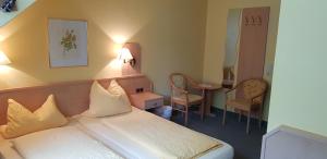 a hotel room with a bed and a table and chairs at Panorama Hotel Pension Frohnau in Bad Sachsa