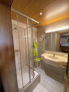 La salle de bains est pourvue d'une douche et d'un lavabo. dans l'établissement Gasthof Schorn, à Sankt Leonhard