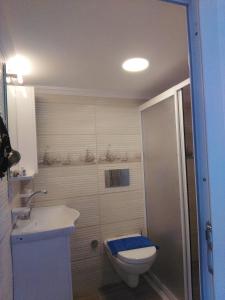 a small bathroom with a toilet and a sink at Uysal Suite and Loft Seaside in Marmaris