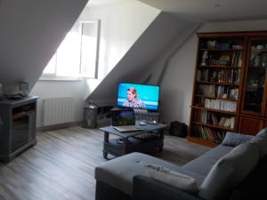 uma sala de estar com um sofá e uma televisão em CHARMANT APPARTEMENT DANS MAISON DE CARACTERE em Saint-Brice-sur-Vienne