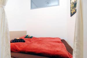 una manta roja en una cama en un dormitorio en Neukölln Central Rixdorf, en Berlín