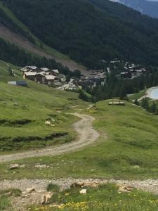 a winding road on a grassy hill with a village at Studio montagne in Allos
