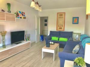 a living room with a blue couch and a tv at Galicia47 in Zamora