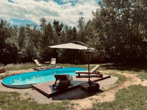a swimming pool with two chairs and an umbrella at Boutique Glamping Divja DiVine in Zgornja Korena