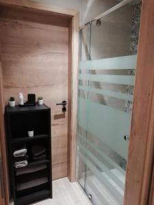 W łazience ze szklanymi drzwiami znajduje się przeszklona kabina prysznicowa. w obiekcie Lu ptite cwane dol Lydie w mieście Malmedy