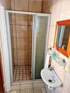 Katlego guest house في ولكوم: حمام مع دش ومغسلة