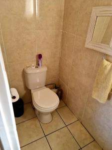 a bathroom with a toilet in a tiled room at Katlego guest house in Welkom