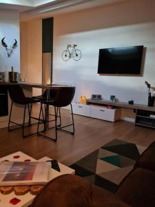 TV a/nebo společenská místnost v ubytování Escapade Veyloise-Nuit romantique-Spa-Champagne