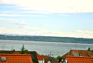 vistas a una gran masa de agua con casas y tejados en Ferienwohnung Schmid en Hagnau