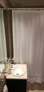 baño con lavabo y cortina de ducha blanca en Buenos Aires Loft en Buenos Aires