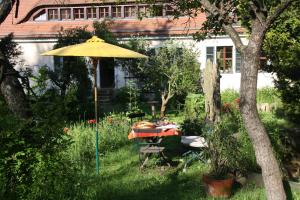 ドレスデンにあるPoncet´sches Herrenhausの庭園の黄傘付きテーブル