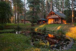 eine Hütte im Wald mit einem Teich davor in der Unterkunft Atpūtas komplekss Godeļi in Usma