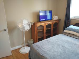 a bedroom with a fan and a tv and a bed at Barrie North Retreat - Quiet and Friendly in Barrie