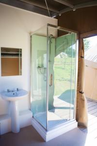 a bathroom with a glass shower and a sink at Durrell Wildlife Camp in Trinity