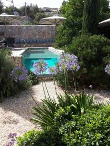 una piscina en un jardín con flores púrpuras en North Point Rooms, en Froúrion