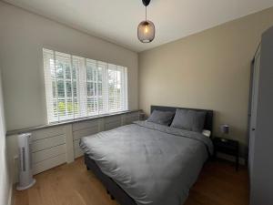Un dormitorio con una cama grande y dos ventanas. en Coconut Beach apartments, en Zandvoort