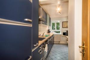 a kitchen with blue cabinets and a blue door at Freyzeit in Kressbronn am Bodensee