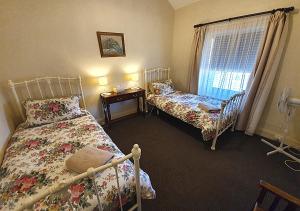 een slaapkamer met 2 aparte bedden en een raam bij Miss Mabel Cottage in Burra