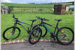 deux vélos garés l'un à côté de l'autre à côté d'un champ dans l'établissement Chalet au Natur'Heil Nature-Spa-Gourmandise, à Wahlbach