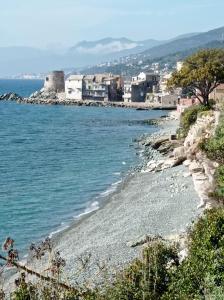 a rocky shoreline with buildings and the ocean at Casa Luciani in Erbalunga +12 photos