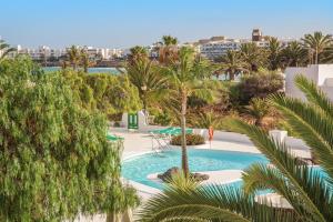 uma vista sobre uma piscina com palmeiras em Lanzahost Cucharas Dreams em Costa Teguise