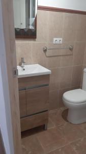 Un baño con lavabo, inodoro y espejo. en Casa Rocio, en Capileira 15 fotos más
