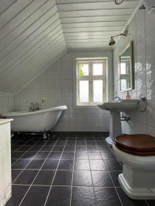 a bathroom with a tub and a toilet and a sink at Haaheim Gaard in Uggdal