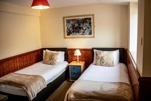 Habitación pequeña con 2 camas individuales y lámpara en The Dolphin Hotel en Chard