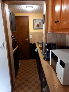 a kitchen with a counter with a microwave and a door at Le chant de la rivière in Le Massot