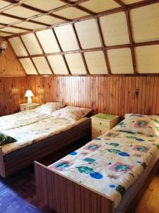 two beds in a room with wooden walls at Wakacje u Magdy in Rowy