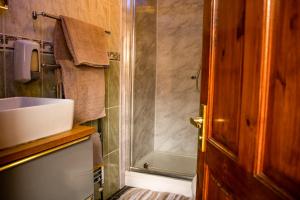 La petite salle de bains est pourvue d'un lavabo et d'une douche. dans l'établissement The Dolphin Hotel, à Chard