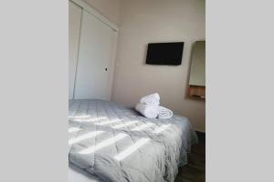 1 dormitorio con 1 cama con 2 toallas en V&E's Apartments en Pigádhia