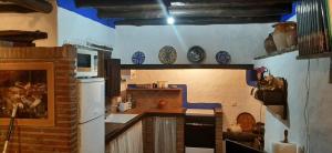 a kitchen with a white refrigerator and blue plates on the wall at Casa rural El Patio con chimenea, barbacoa, piscina, patios exteriores para sus mascotas de manera gratuita in Benadalid