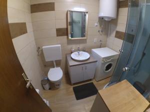 ein Badezimmer mit einem Waschbecken, einem WC und einem Spiegel in der Unterkunft Dramalj apartman 4+1 in Dramalj