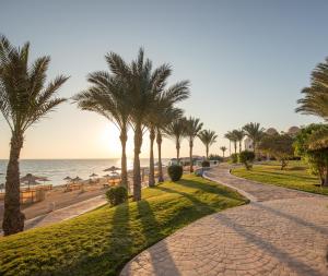 un chemin avec des palmiers sur la plage dans l'établissement Serenity Fun City, à Hurghada