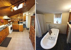 two pictures of a kitchen with a tub in it at Miss Mabel Cottage in Burra