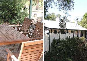 twee foto's van een houten bank en een picknicktafel bij Miss Mabel Cottage in Burra