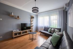 Center Home Apartman في أورشازا: غرفة معيشة مع أريكة وتلفزيون